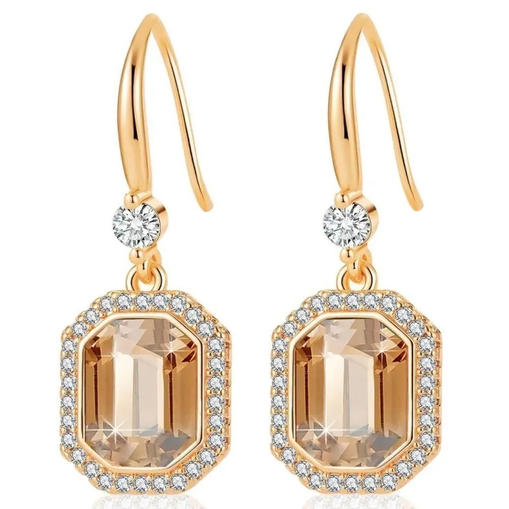 14K Yellow Gold with Champagne Topaz Austrian Crystal Octagon Halo Hook Earrings